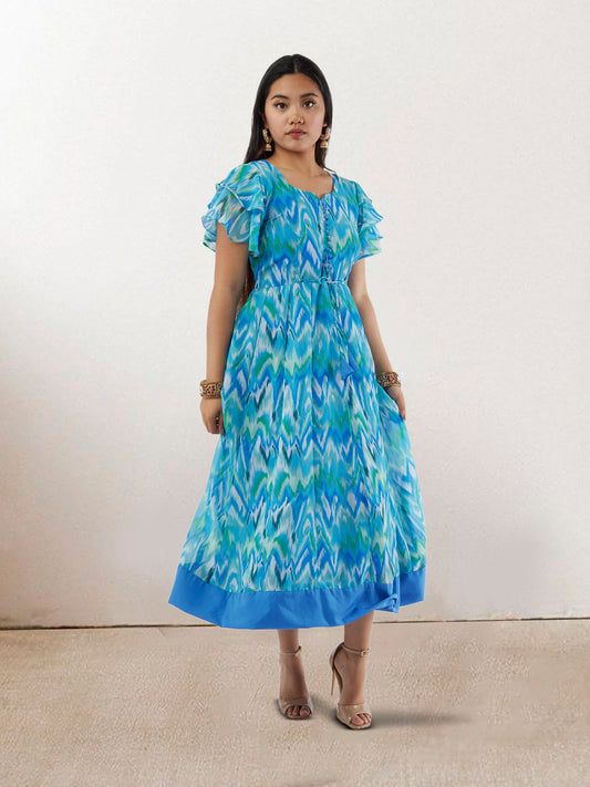 Harmony Hues - Blue Printed Chiffon Knee Length Dress