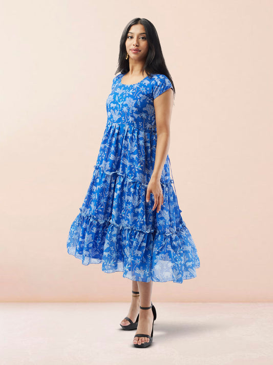 Harmony Hues - Blue Printed Chiffon Knee Length Tiered Dress