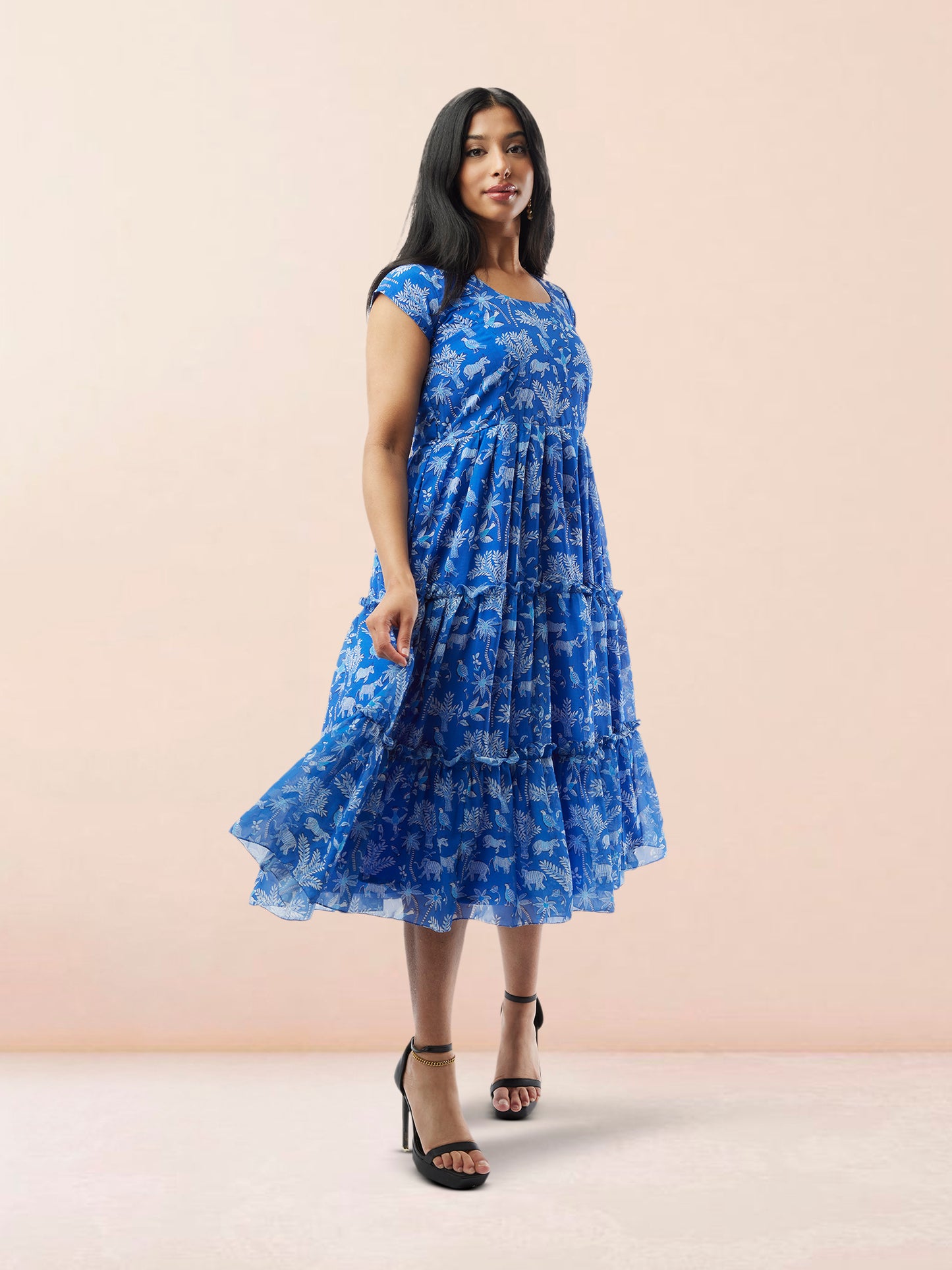 Blue Printed Chiffon Knee Length Tiered Dress | Indo Western Dress