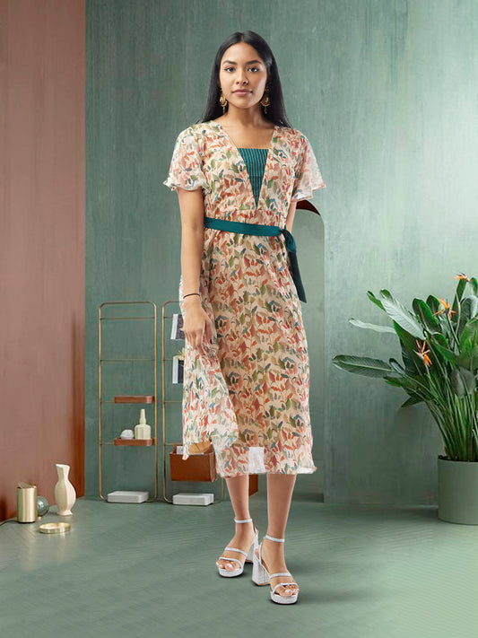 Harmony Hues - Cream Printed Chiffon Knee Length Dress