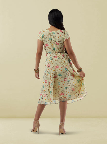 Harmony Hues - Cream Printed Chiffon Knee Length Wrap Dress