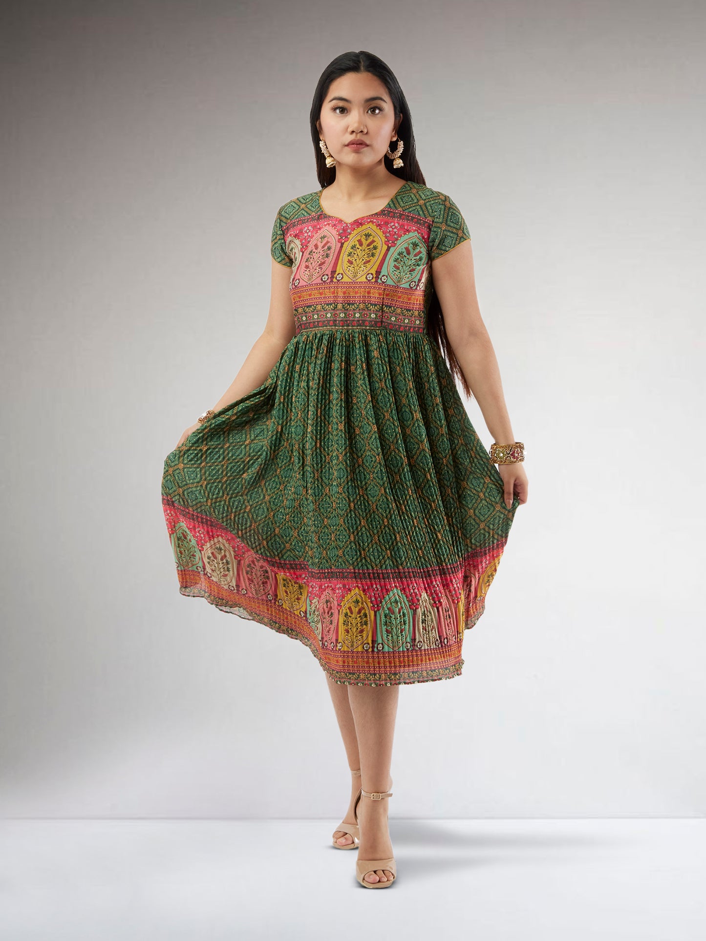 Harmony Hues - Dark Green Crushed Knee Length Dress
