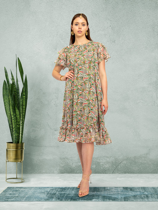 Green Color Printed Dress | Harmony Hues | Muvvas Boutique