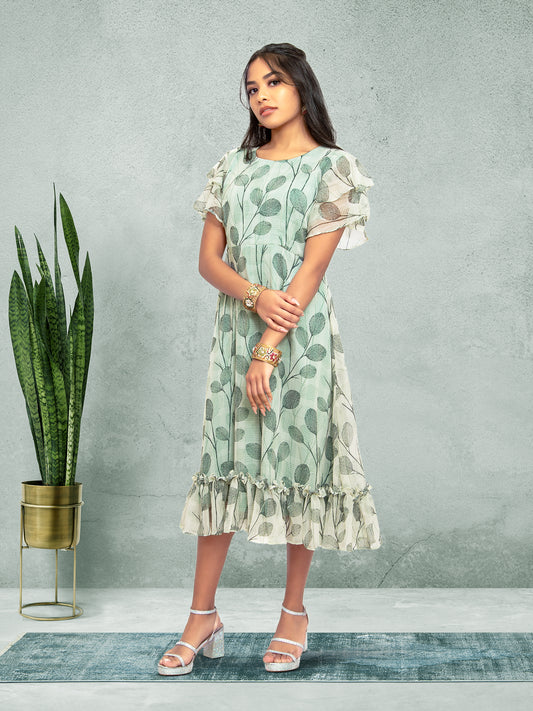 Green & White Color Printed Dress | Harmony Hues | Muvvas Boutique