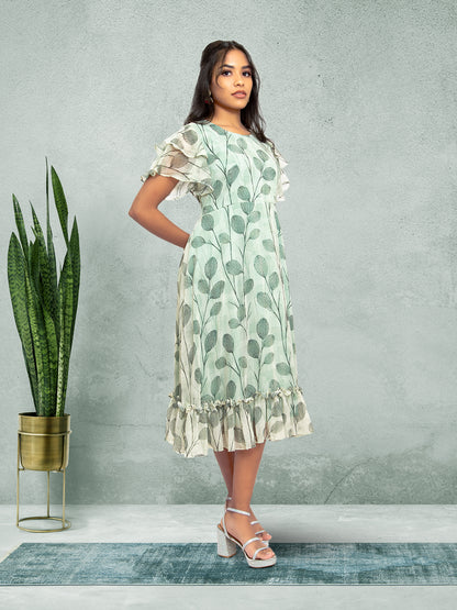 Harmony Hues - Green & White Color Printed Dress
