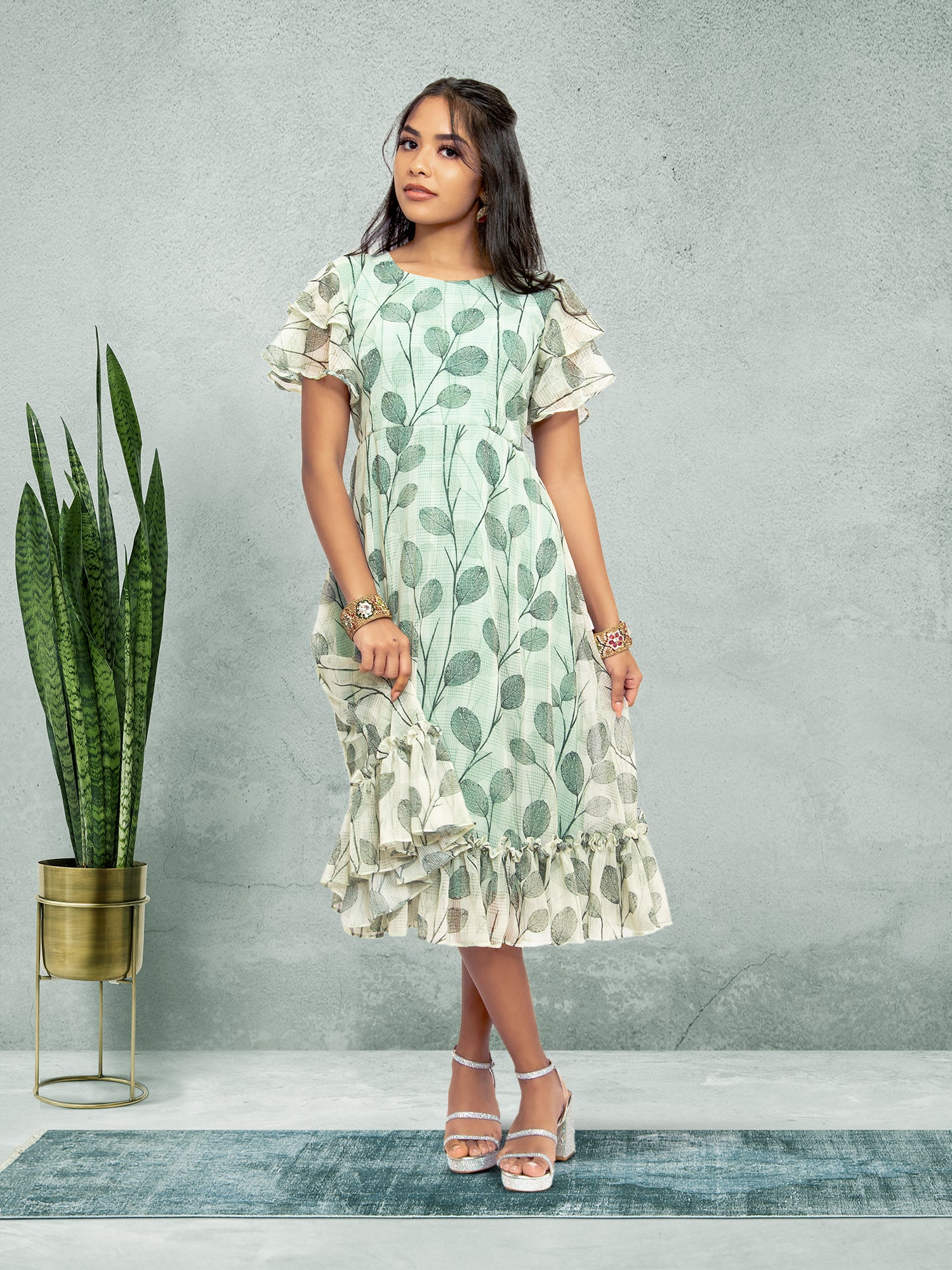 Harmony Hues - Green & White Color Printed Dress