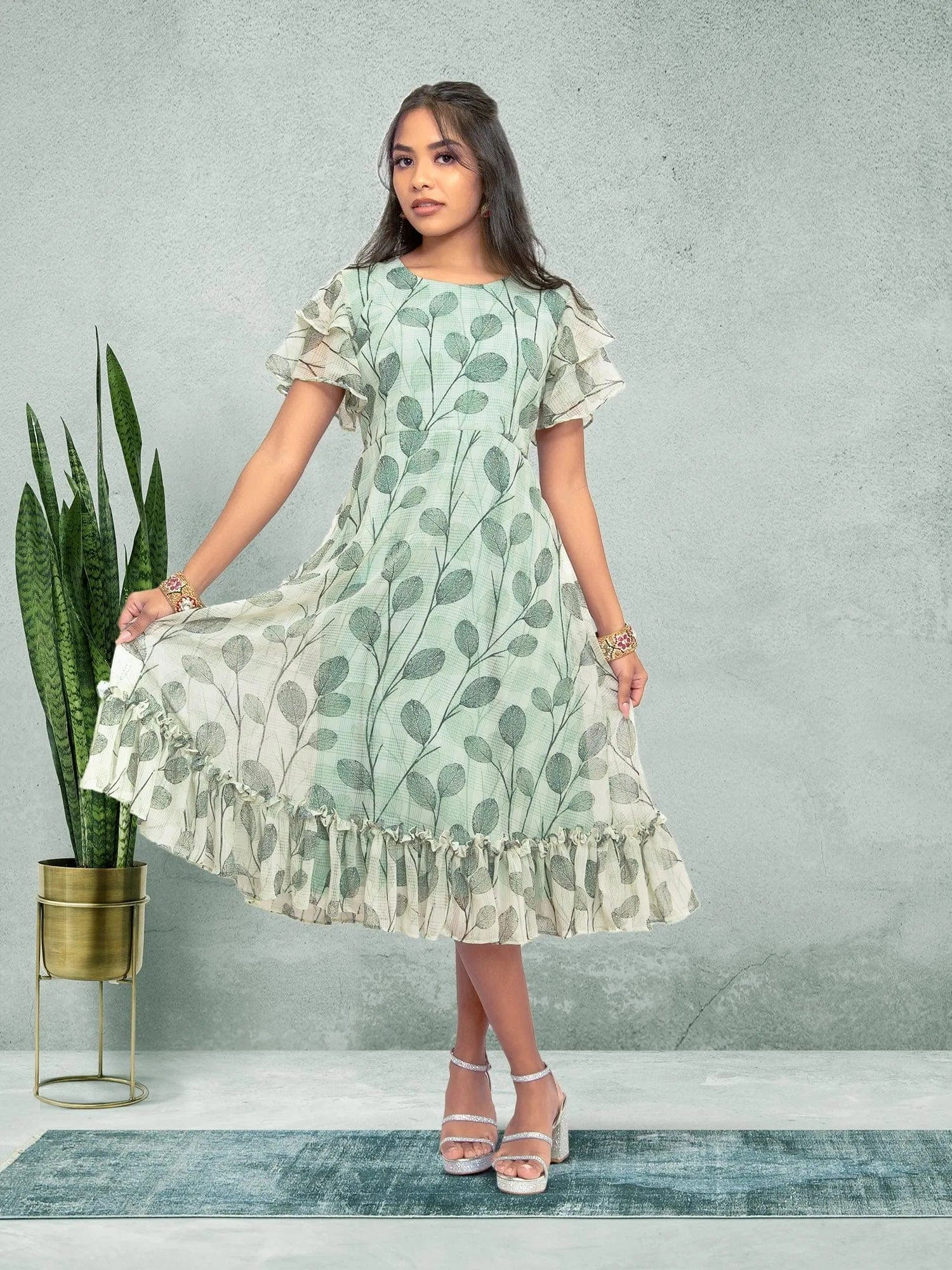 Green and White Printed Dress Harmony Hues Muvvas Boutique Medium Green White Chiffon