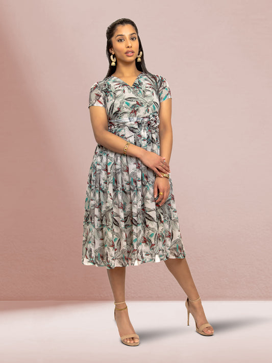 Grey Color Printed Dress With Bow | Harmony Hues | Muvvas Boutique