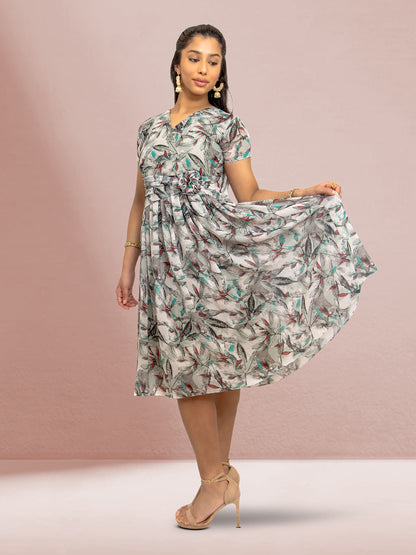 Harmony Hues - Grey Color Printed Dress With Bow