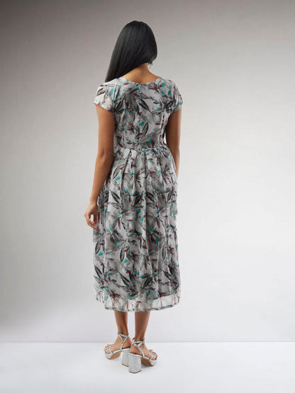 Harmony Hues - Grey Printed Chiffon Knee Length Dress | Indo Western Dress