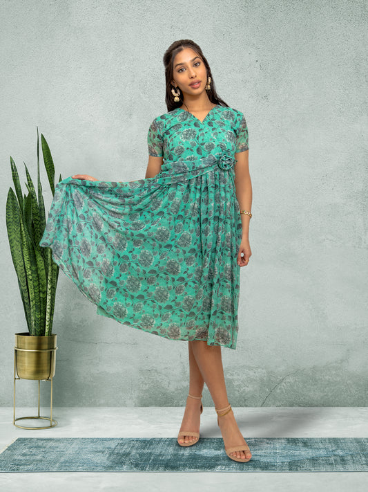 Sea Green Color Printed Dress With Bow | Harmony Hues | Muvvas Boutique