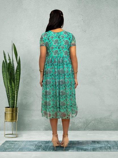 Harmony Hues - Sea Green Color Printed Dress With Bow