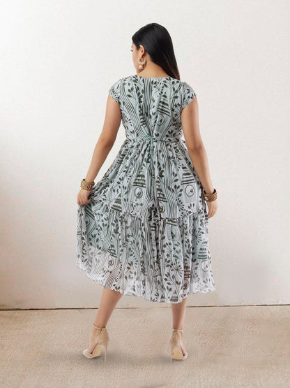 Harmony Hues - White & Grey Printed Chiffon Knee Length Dress