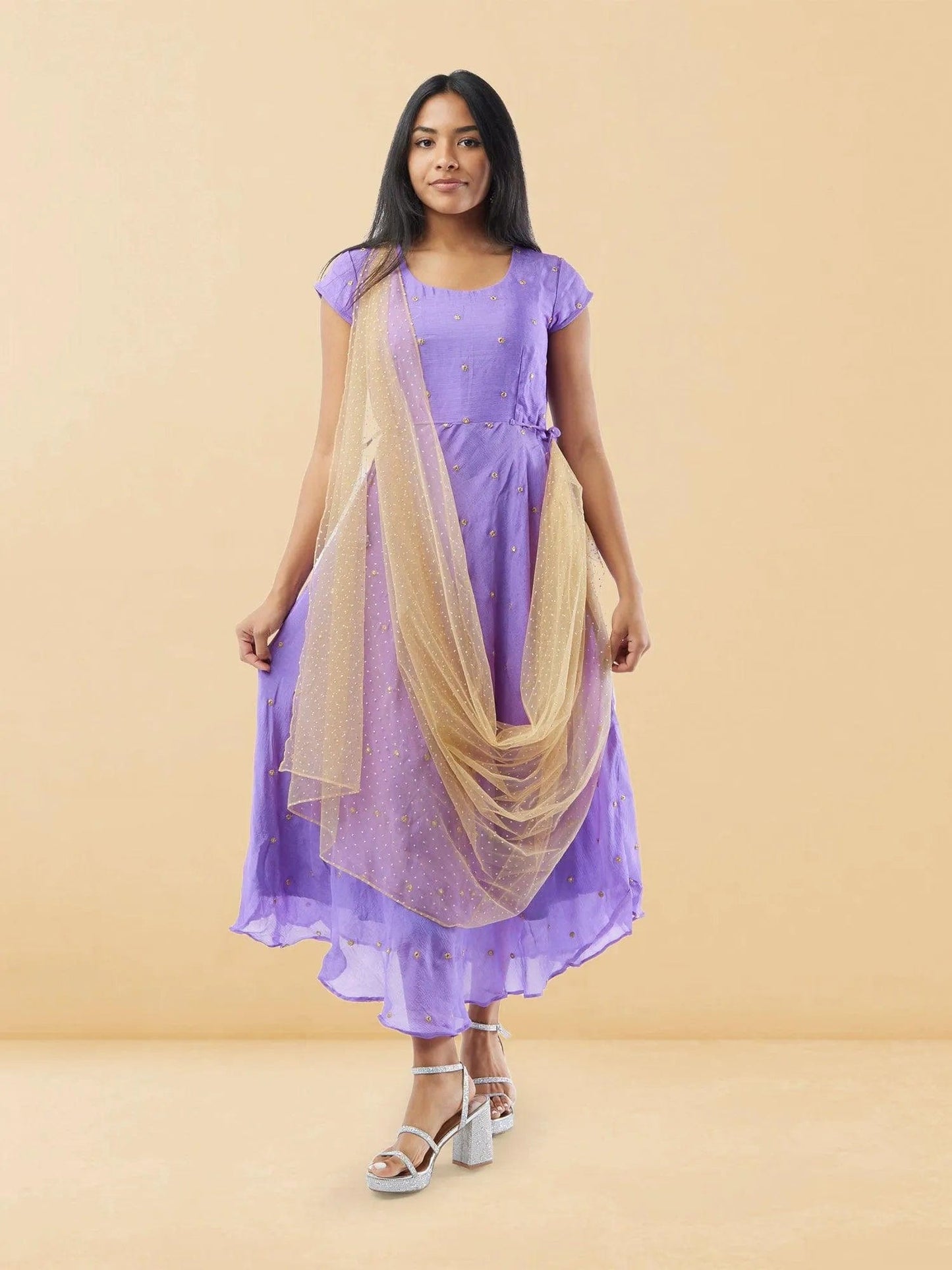 Lavender Banarasi Georgette Dress with Gold Net Duppatta | Indo Western Dress| Modern Indian Wear | festive indian wear | indian wear usa | Indo Western Outfits