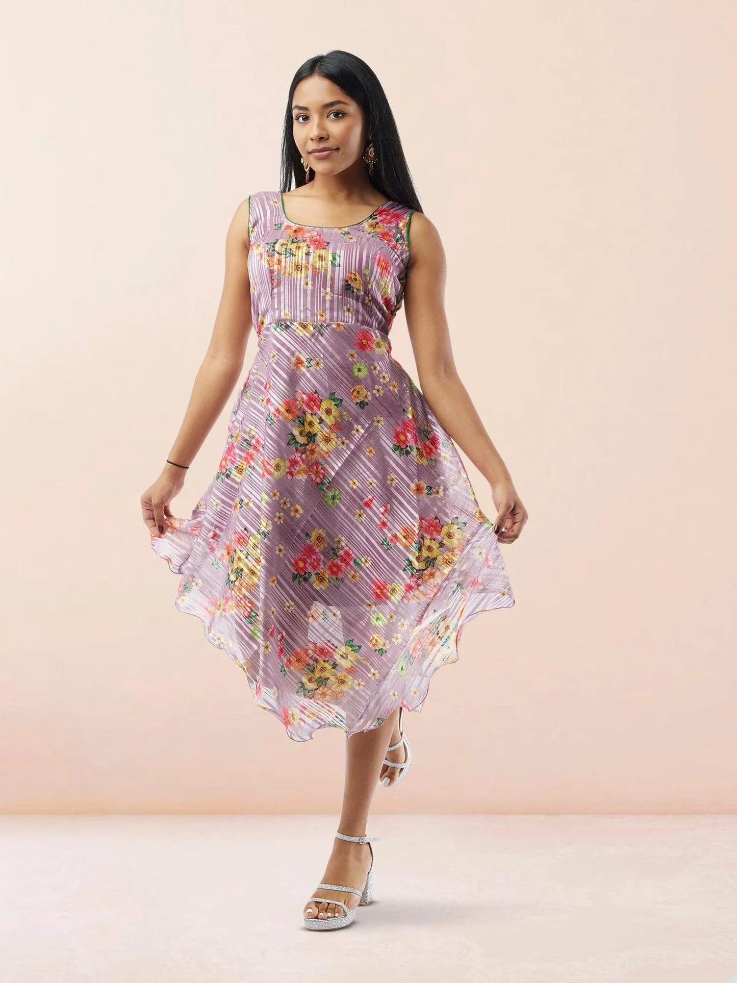 Lavender Floral Printed Chiffon Knee Length Indo Western Dress| Modern Indian Wear | indian party dress for women | indian wear usa  | Indo Western Outfits