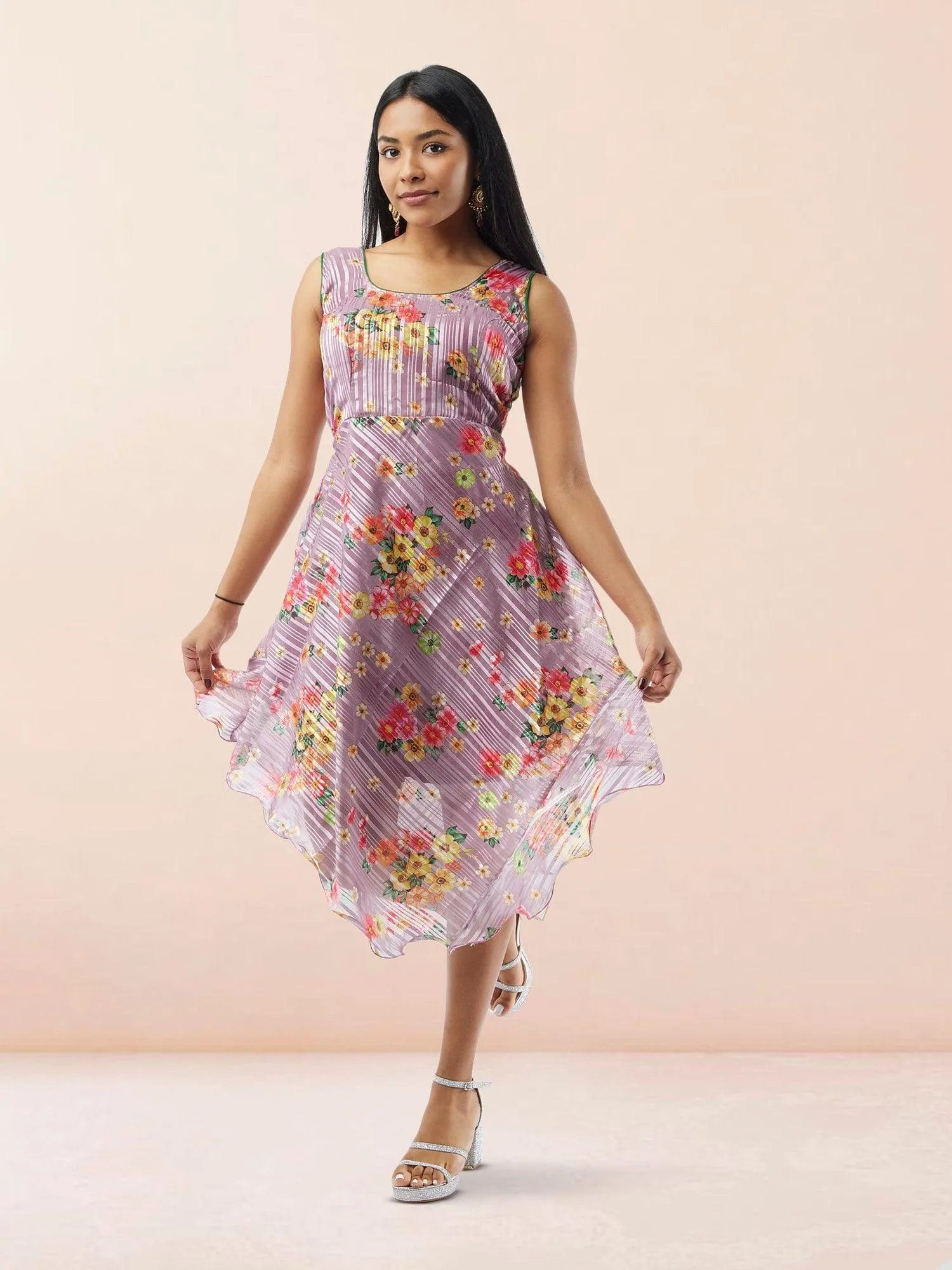 Lavender Floral Printed Chiffon Knee Length Indo Western Dress| Modern Indian Wear | indian party dress for women | indian wear usa  | Indo Western Outfits