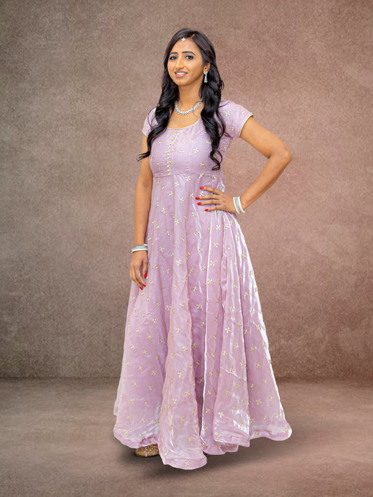 Lavender Anarkali Organza Dress with Gold Work | Muvvas Boutique
