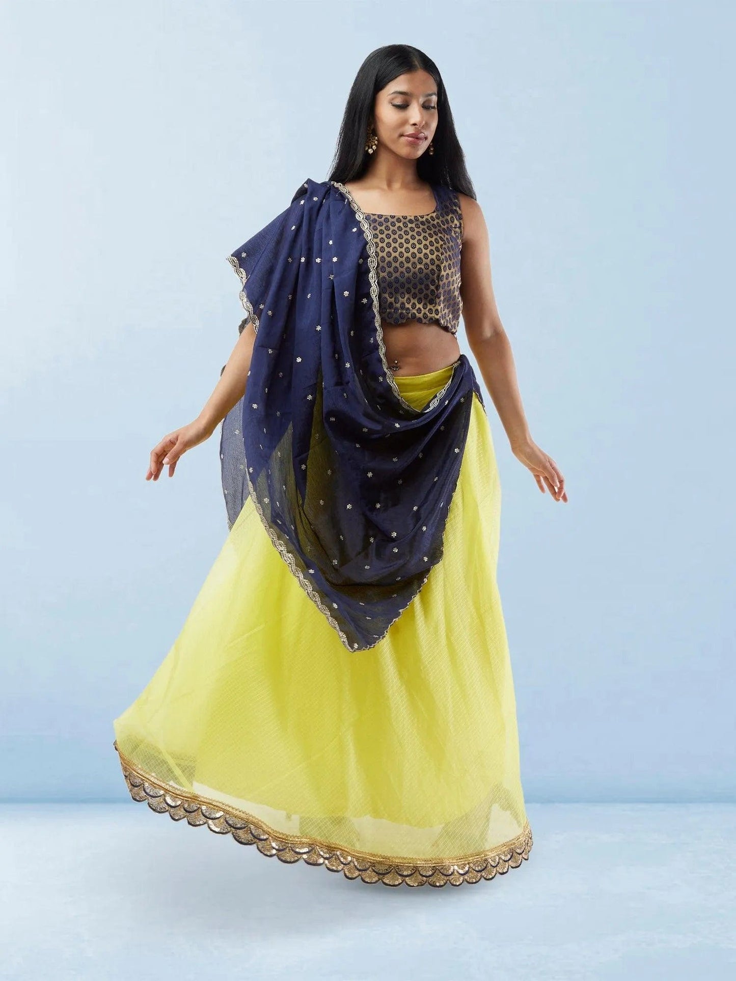 Lemon Yellow Organza Lehenga with Blue and Gold raw Silk Choli | Lehenga Dress | Indian Ethnic Wear | Indian Attire For Women | Lehenga Gold