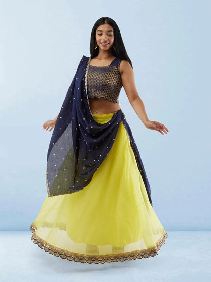 Lemon Yellow Organza Lehenga with Blue and Gold raw Silk Choli | Lehenga Dress | Indian Ethnic Wear | Indian Attire For Women | Lehenga Gold