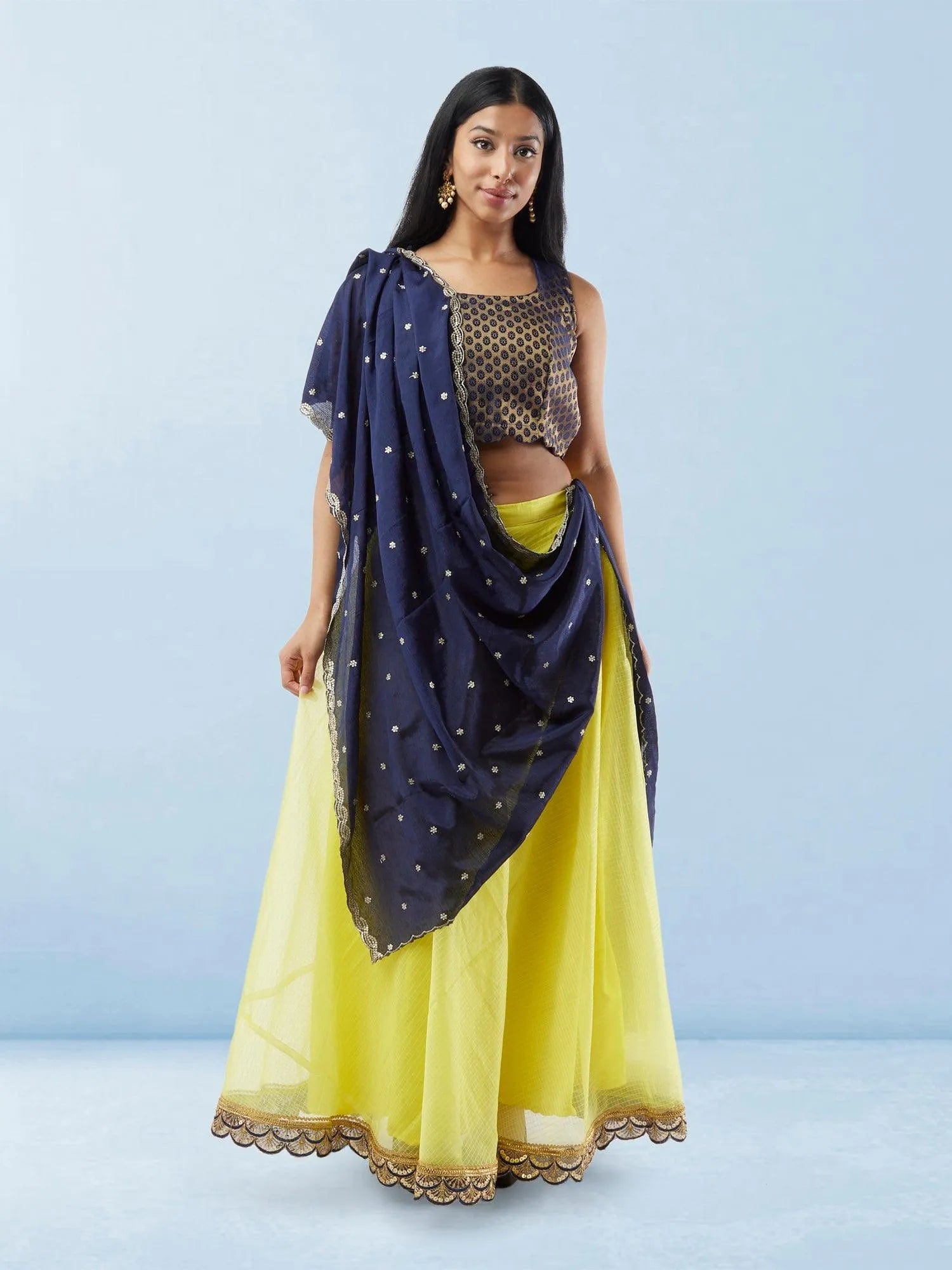 Lemon Yellow Organza Lehenga with Blue and Gold raw Silk Choli | Lehenga Dress | Indian Ethnic Wear | Indian Attire For Women | Lehenga Gold