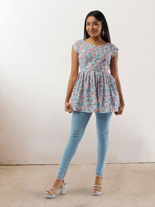 Light Blue Printed Short Top | Short Kurtis For women | Modern Indian Wear | Indian Attire For Women | Women's Tops | Indian Short Tops | Indian Wear for Women | Casual Indian Dress