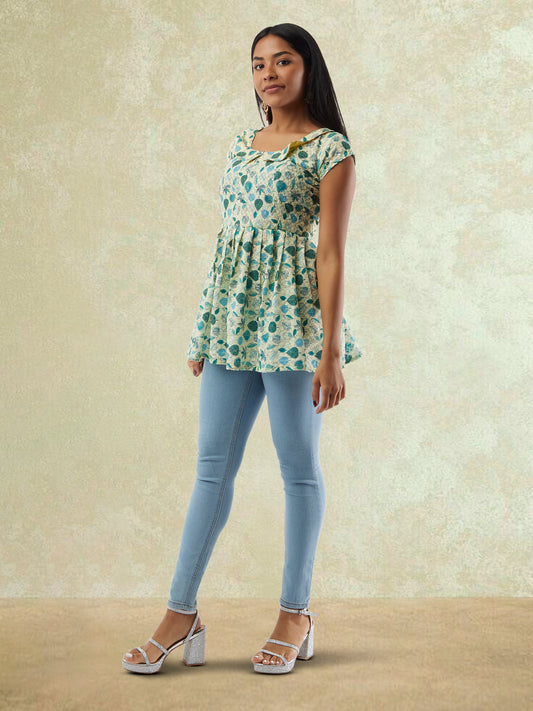 Light Green Printed Short Top with Collar | Modern Indian Wear | Indian Attire For Women | Indian Wear for Women | Women's Tops | Indian Short Tops | Indian Wear for Women | Casual Indian Dress