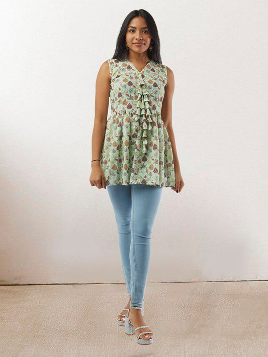 Light Green Printed Short Top with Latkans | Modern Indian Wear | Indian Attire For Women | Indian Wear for Women | Women's Tops | Indian Short Tops | Indian Wear for Women | Casual Indian Dress