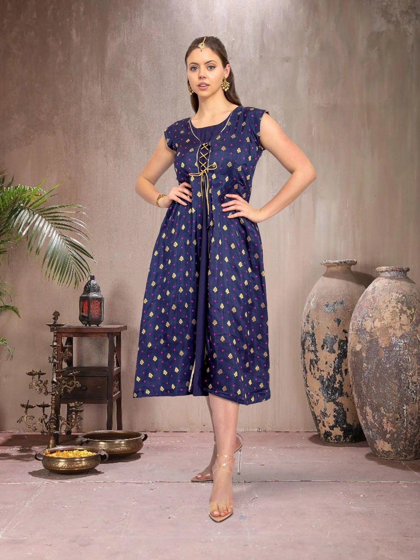 Midnight Blue Silk Knee Length Dress  | indian party dress for women | indian wear usa | Modern Indian Wear | Indian Attire For Women | indian dress in usa online | Indian Dresses From India 