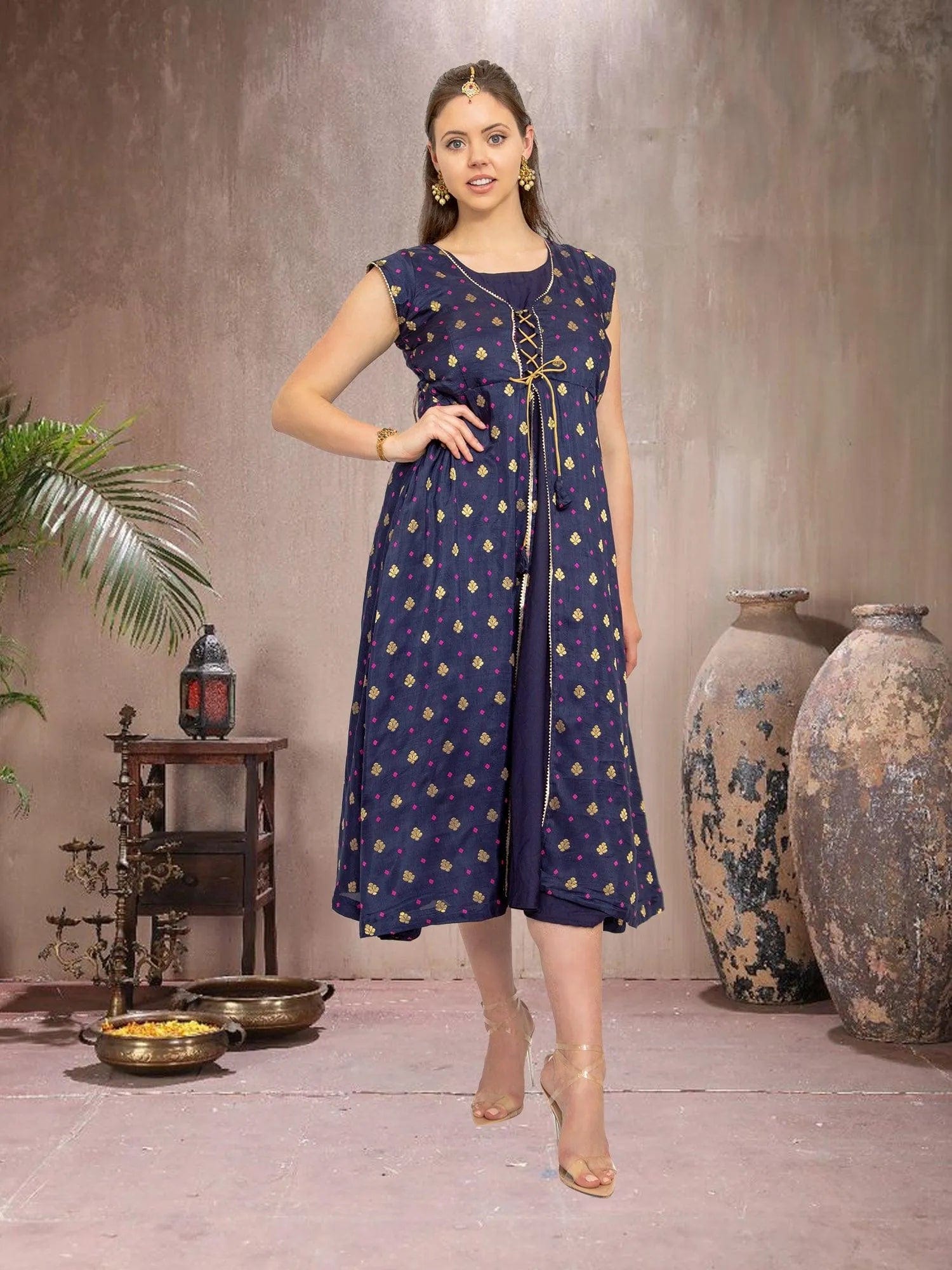 Midnight Blue Silk Knee Length Dress  | indian party dress for women | indian wear usa | Modern Indian Wear | Indian Attire For Women | indian dress in usa online | Indian Dresses From India 