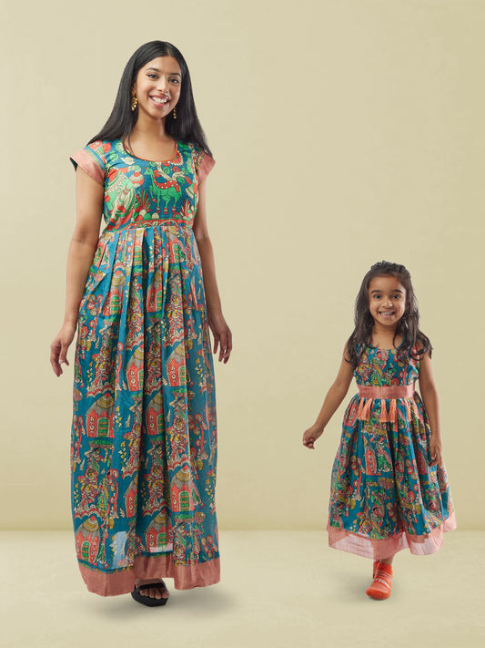 Mommy n Me - Blue Kalankari Print Dresses