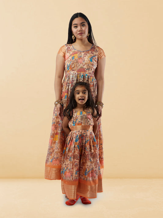 Mommy n Me - Cream Kalankari Print Length Dresses