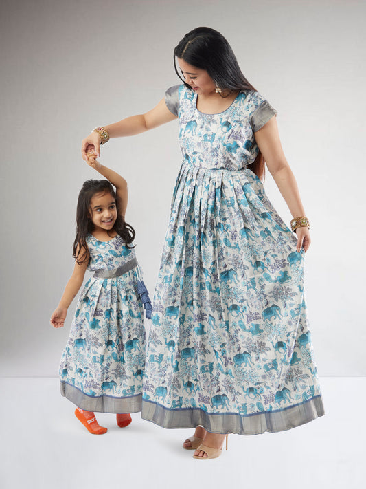 Mommy n Me - White and Blue Kalankari Print Matching Dresses