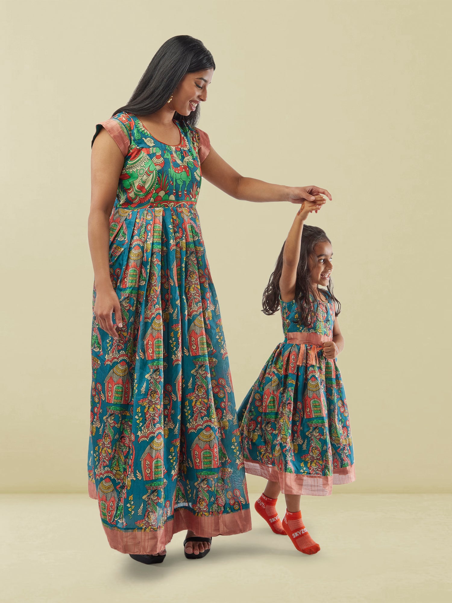 Blue Kalankari Print Mom and Daughter Matching Dresses | Muvvas Boutique | Mother Daughter Dress Matching