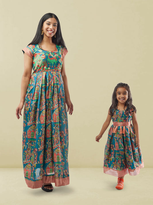 Blue Kalankari Print Mom and Daughter Matching Dresses | Muvvas Boutique | Mother Daughter Dress Matching