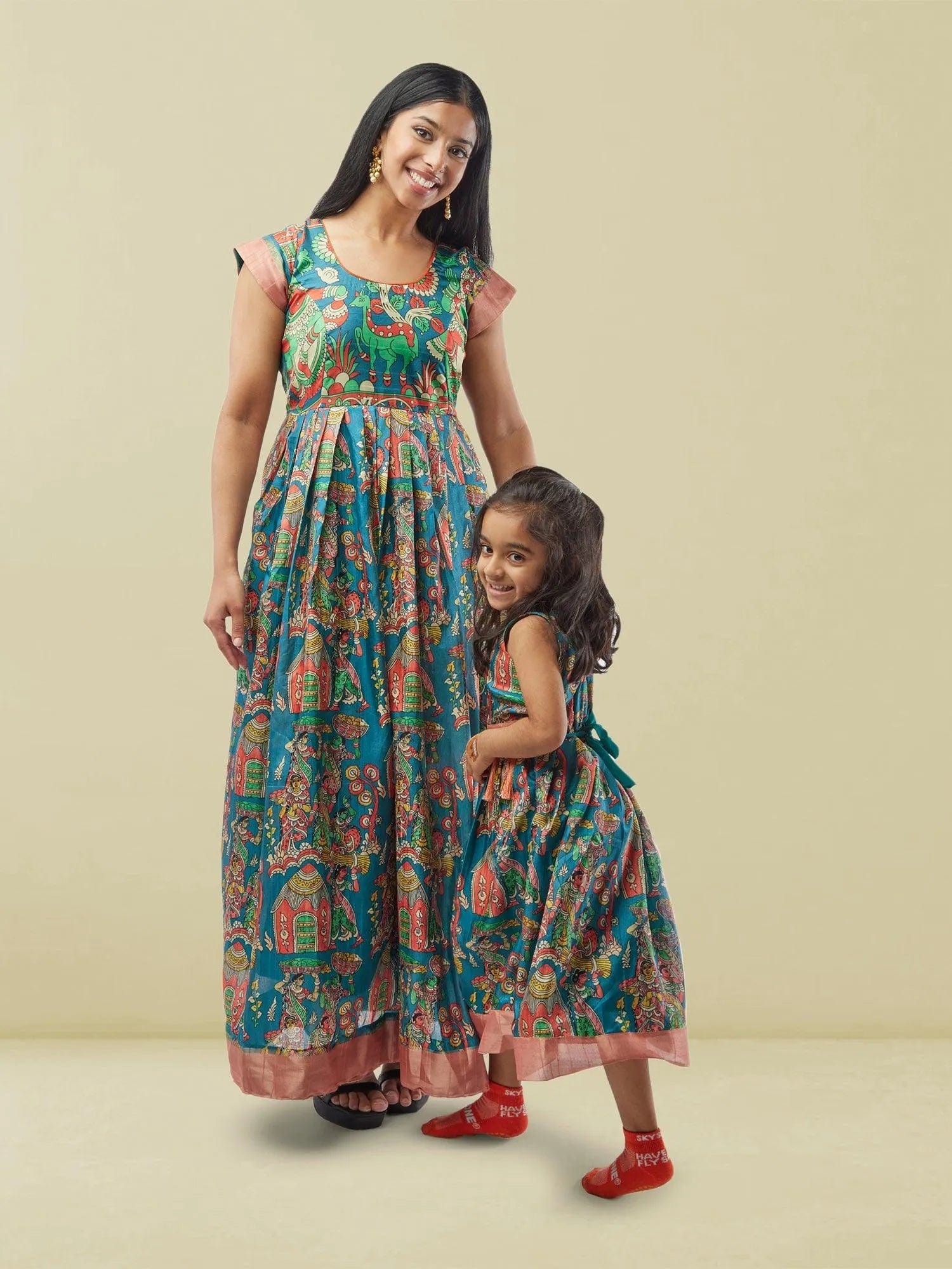Blue Kalankari Print Mom and Daughter Dresses | Muvvas Boutique Blue Kalankari Print Mom and Daughter Dresses | Muvvas Boutique
