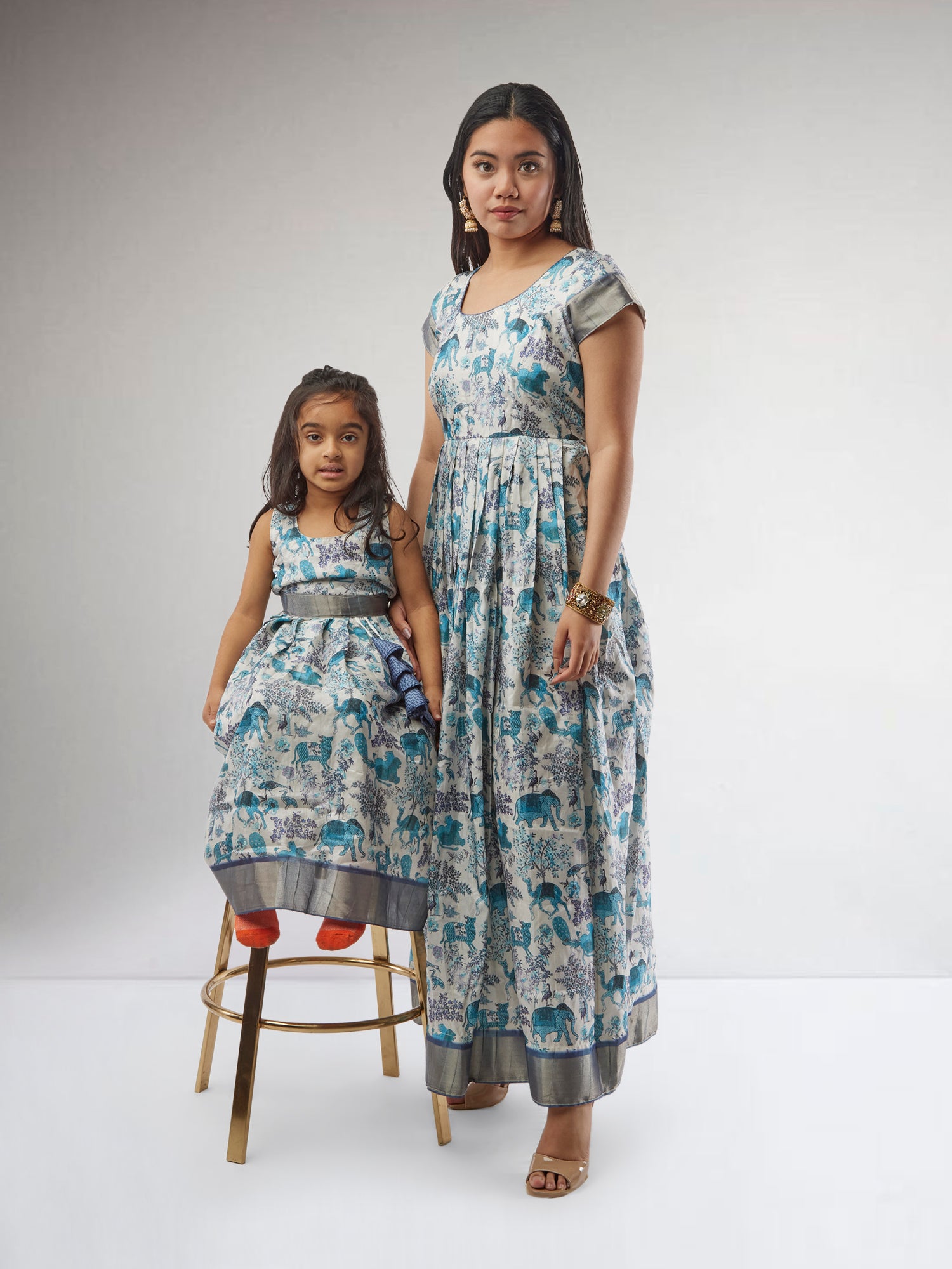 White and Blue Kalankari Print | Mother Daughter Dress Matching