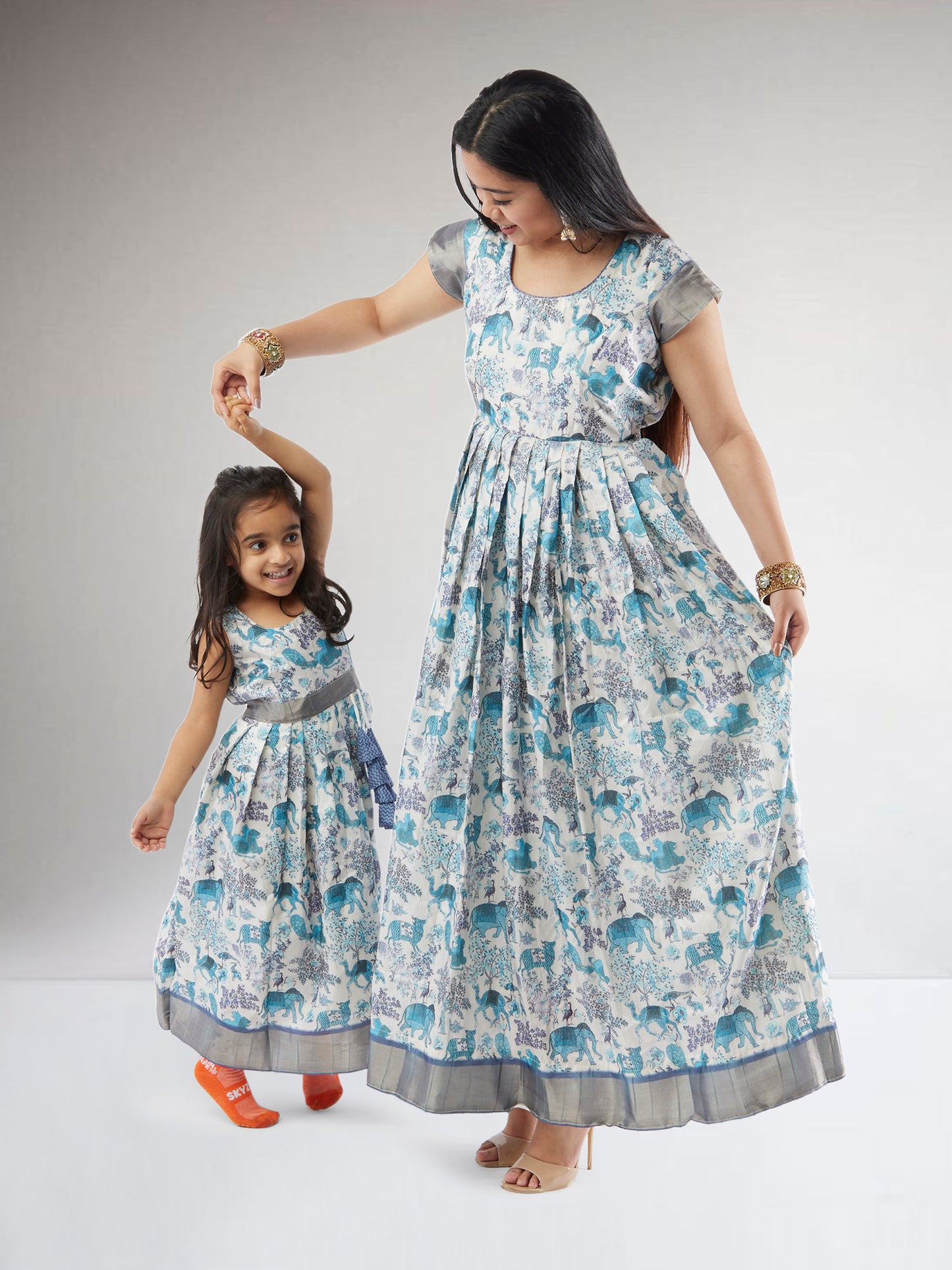 White and Blue Kalankari Print | Mother Daughter Dress Matching