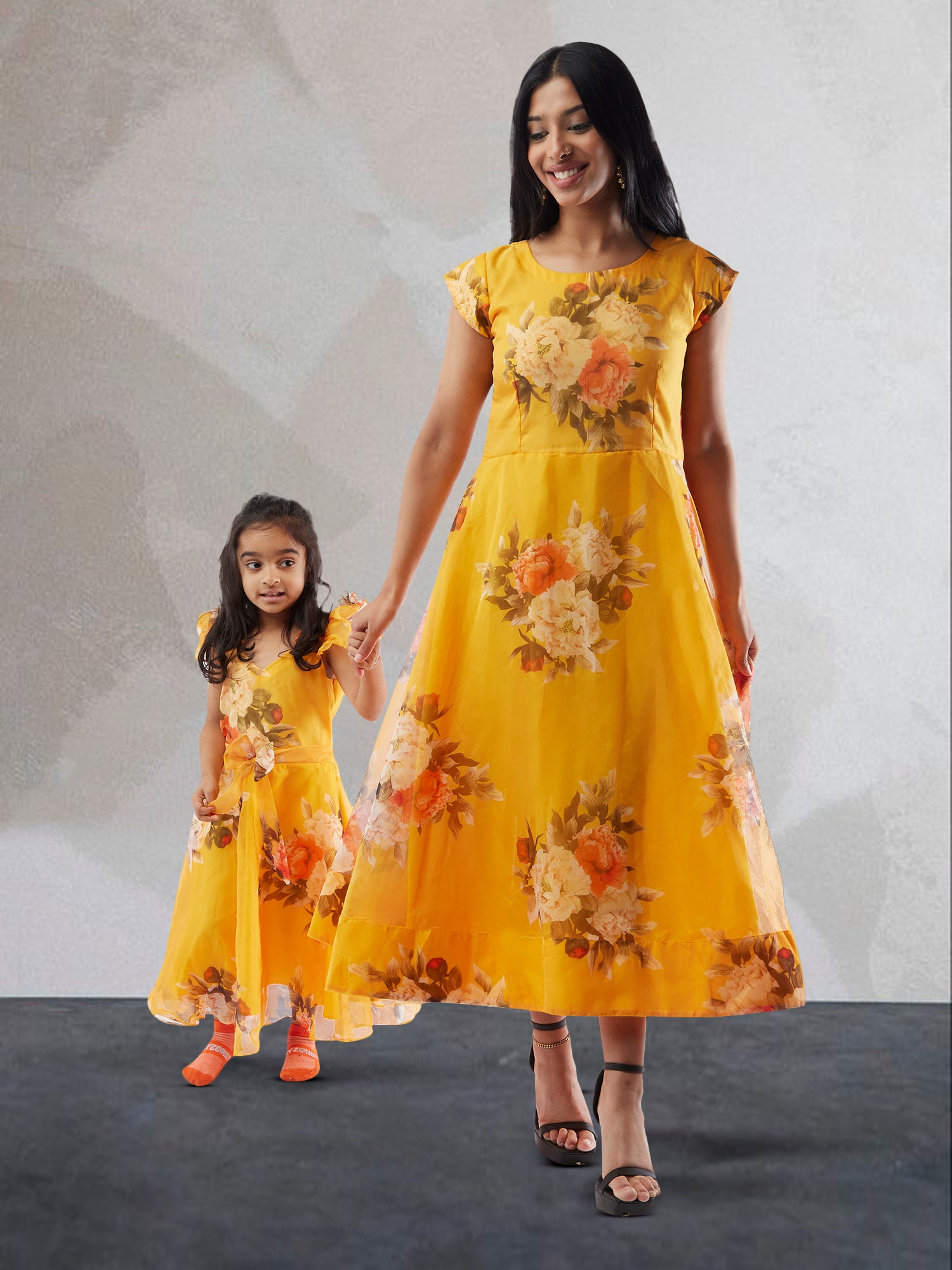 Yellow Floral Print Organza Dresses | Mother Daughter Dress For Wedding –  Muvvas Boutique