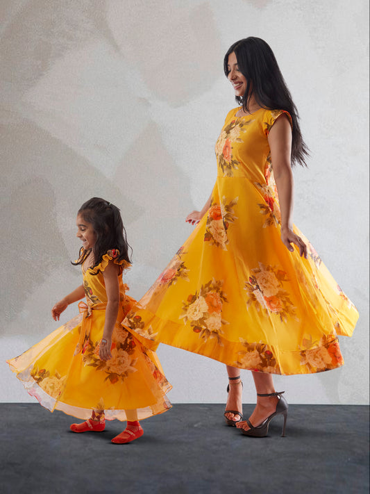 Yellow Floral Print Organza Dresses | Mother Daughter Dress For Wedding