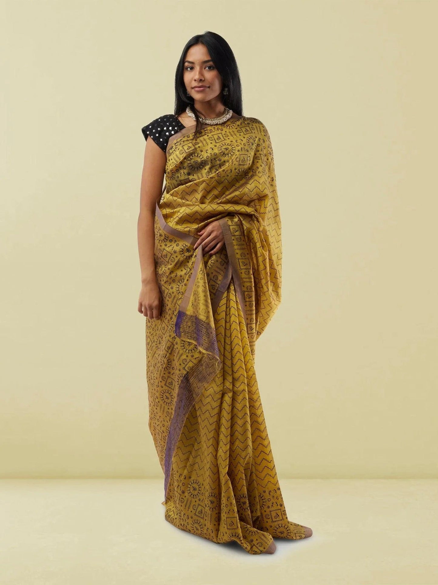 Mustard Yellow with Black Geometric Print Mangalagiri Silk Saree | Mangalagiri Sarees | Sarees Online USA | Sarees From India