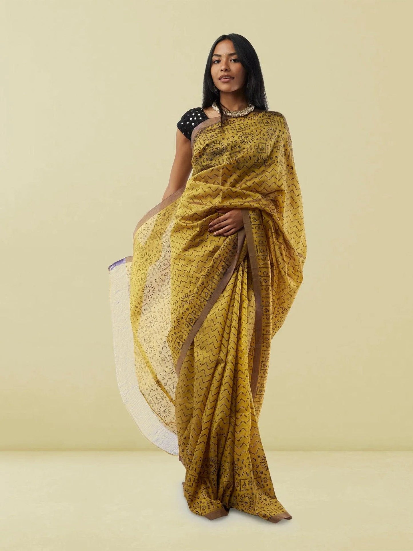 Mustard Yellow with Black Geometric Print Mangalagiri Silk Saree | Mangalagiri Sarees | Sarees Online USA | Sarees From India