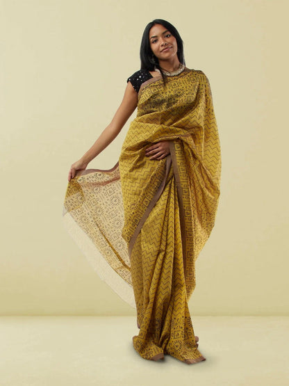 Mustard Yellow with Black Geometric Print Mangalagiri Silk Saree | Mangalagiri Sarees | Sarees Online USA | Sarees From India