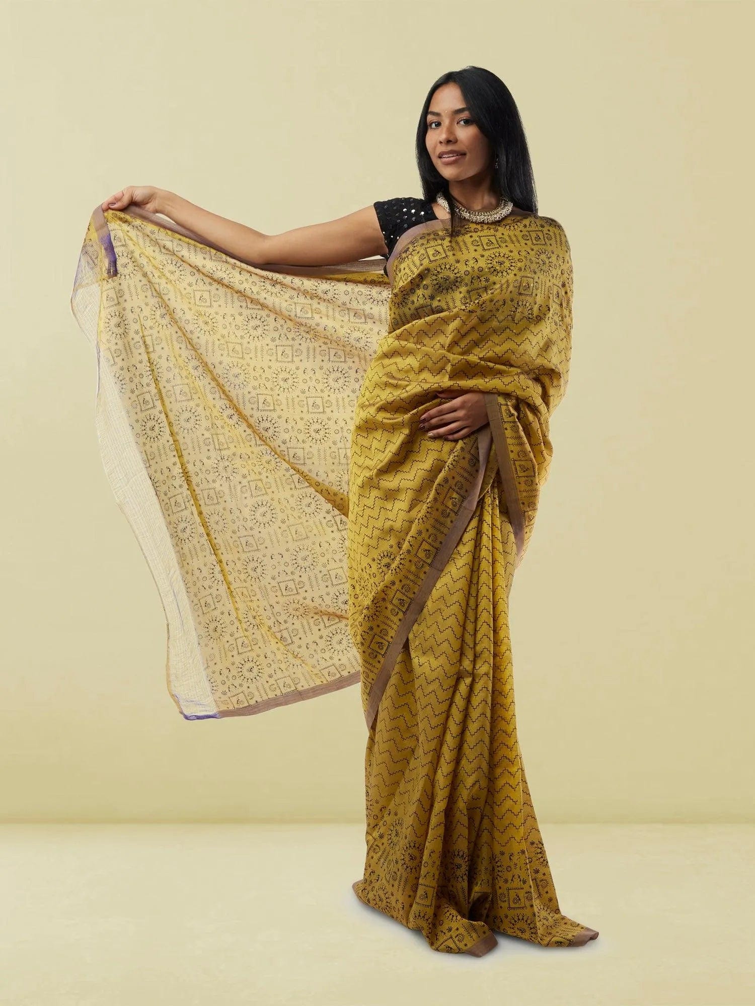 Mustard Yellow with Black Geometric Print Mangalagiri Silk Saree | Mangalagiri Sarees | Sarees Online USA | Sarees From India