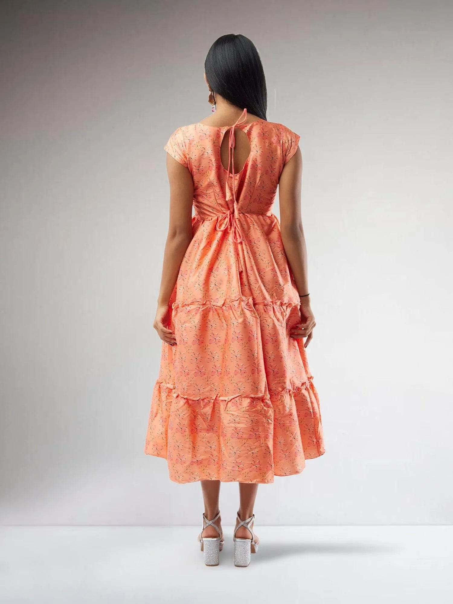 Orange Printed Silk Knee-Length Tiered Dress | Muvvas Boutique Large / Orange / Silk Orange Printed Silk Knee-Length Tiered Dress | Muvvas Boutique Large / Orange / Silk