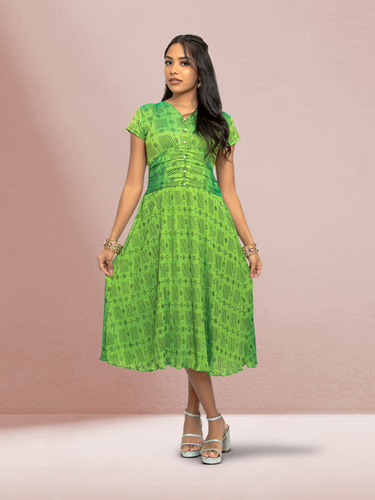 Parrot Green Crushed Dress - Versatile Fusion | Indian Contemporary Clothing | Indian Ethnic Wear | Modern Indian Wear | Indian Attire For Women | indian dress in usa online | Indian Dresses From India 