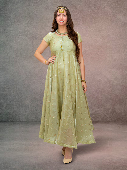 Pastel Green Anarkali Organza Dress with Gold Work | Muvvas Boutique