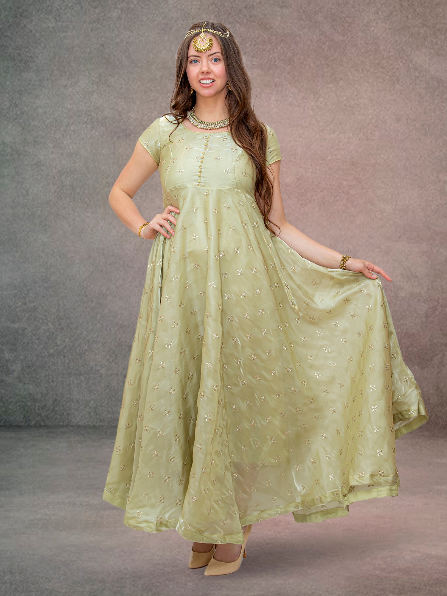 Pastel Green Color Organza Dress with Gold Work
