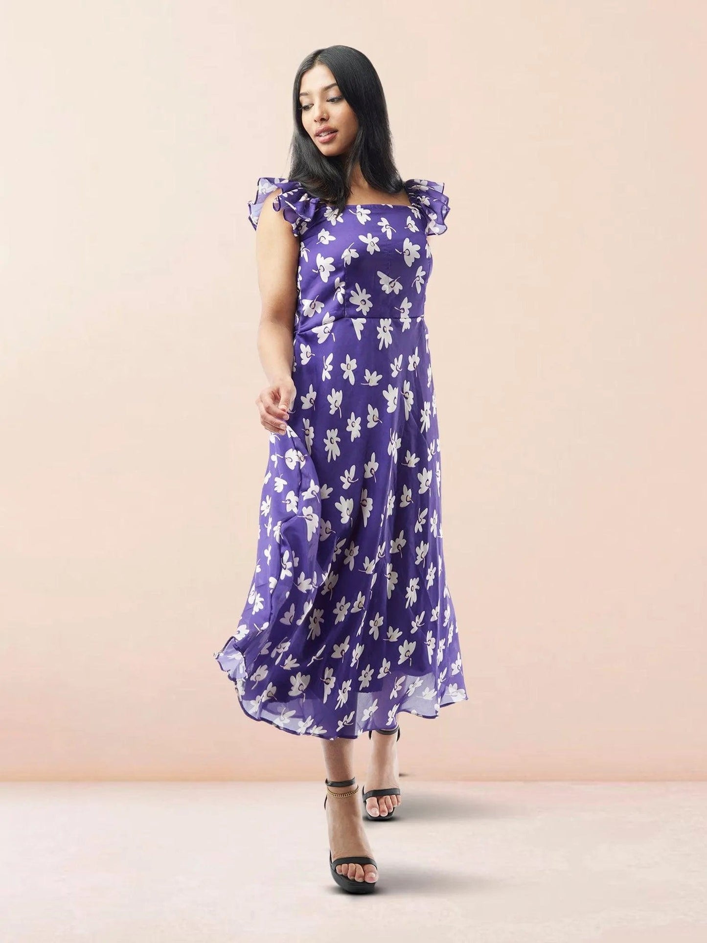 Purple Floral Printed Chiffon Ankle Length Indo Western Dress | Modern Indian Wear | Indian Attire For Women | casual indian wear | indian wear usa  | indian clothing online usa