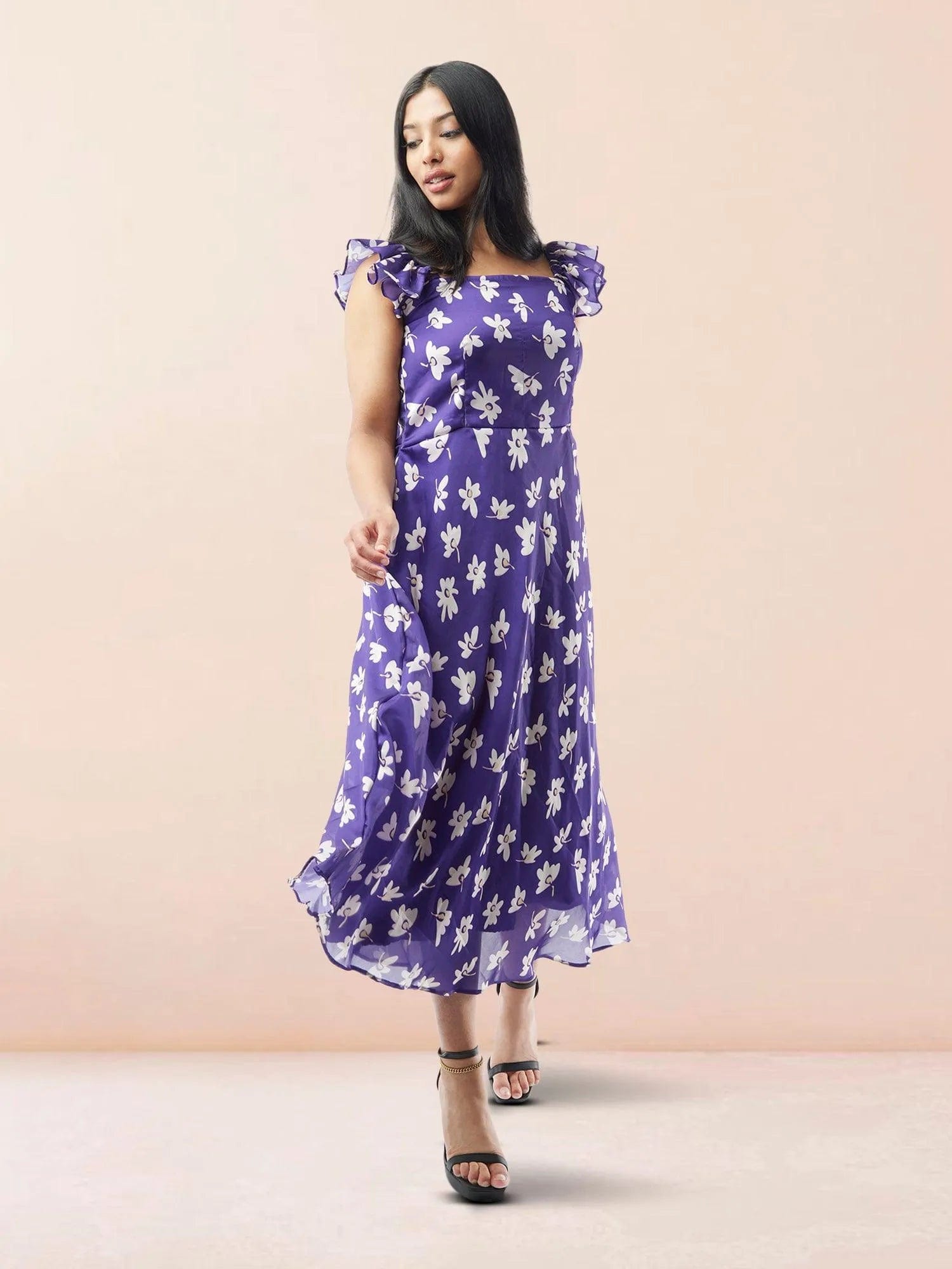 Purple Floral Printed Chiffon Ankle Length Indo Western Dress | Modern Indian Wear | Indian Attire For Women | casual indian wear | indian wear usa  | indian clothing online usa