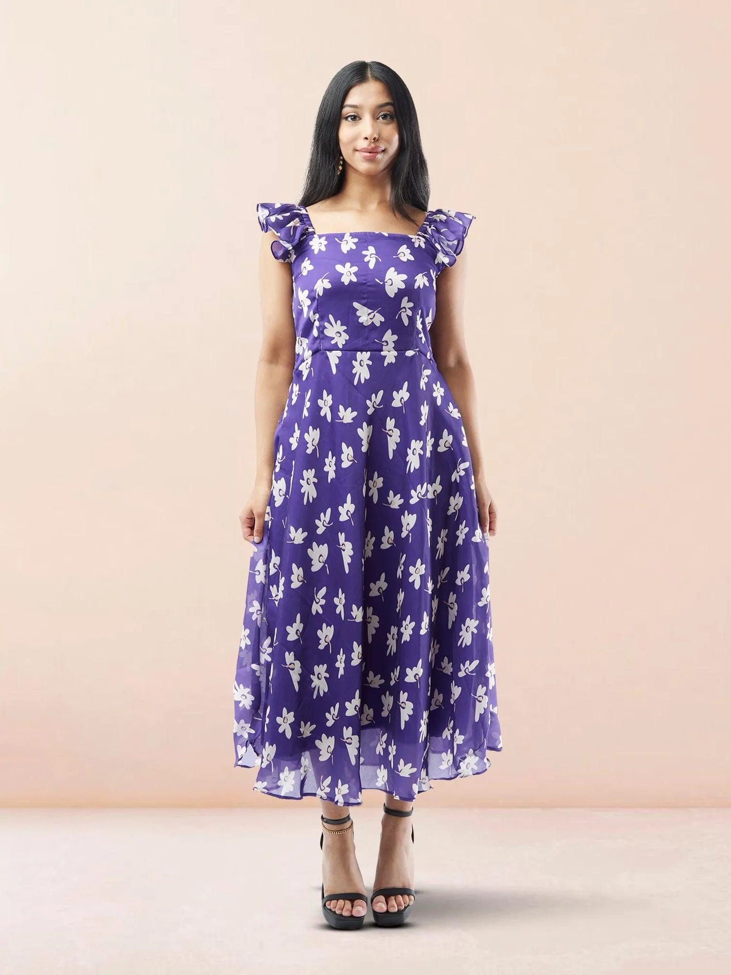 Purple Floral Printed Chiffon Ankle Length Indo Western Dress | Modern Indian Wear | Indian Attire For Women | casual indian wear | indian wear usa  | indian clothing online usa